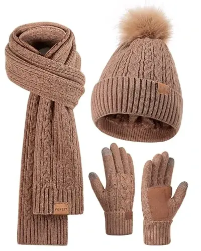 Winter Beanie Hat Scarf Gloves Set for Women, Pom Pom Beanie Fleece Lined Knit Neck Warmer Touchscreen Gloves 3 in 1 Gift Set - 1