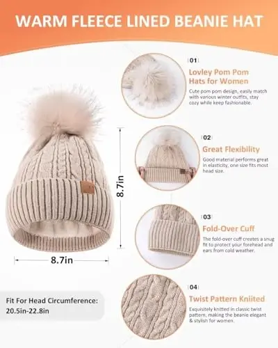 Winter Beanie Hat Scarf Gloves Set for Women, Pom Pom Beanie Fleece Lined Knit Neck Warmer Touchscreen Gloves 3 in 1 Gift Set - WINTER (1)