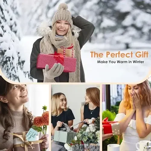 Winter Beanie Hat Scarf Gloves Set for Women, Pom Pom Fleece Lined Hat Knit Touchscreen Gloves - 6