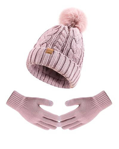 Winter Beanie Hat Scarf Gloves Set for Women, Pom Pom Fleece Lined Hat Knit Touchscreen Gloves - 6