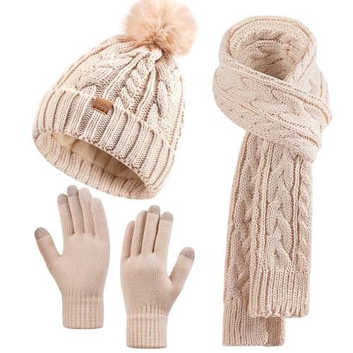 Winter Beanie Hat Scarf Gloves Set for Women, Pom Pom Fleece Lined Hat Long Knit Scarf Neck Warmer Touchscreen Gloves - 1