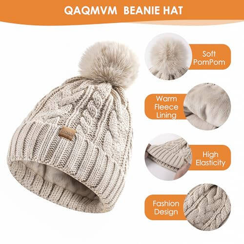 Winter Beanie Hat Scarf Gloves Set for Women, Pom Pom Fleece Lined Hat Long Knit Scarf Neck Warmer Touchscreen Gloves - 2