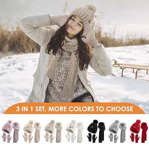 Winter Beanie Hat Scarf Gloves Set for Women, Pom Pom Fleece Lined Hat Long Knit Scarf Neck Warmer Touchscreen Gloves - 9