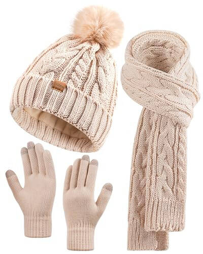 Winter Beanie Hat Scarf Gloves Set for Women, Pom Pom Fleece Lined Hat Long Knit Scarf Neck Warmer Touchscreen Gloves - 5