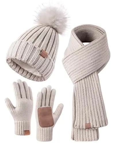 Winter Beanie Hat Scarf Gloves Set for Women, Womens Beanie with Pom Pom Long Scarf Neck Warmer Touchscreen Gloves 3 in 1 Set 