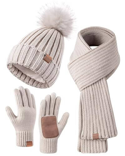 Winter Beanie Hat Scarf Gloves Set for Women, Womens Beanie with Pom Pom Long Scarf Neck Warmer Touchscreen Gloves 3 in 1 Set - 1