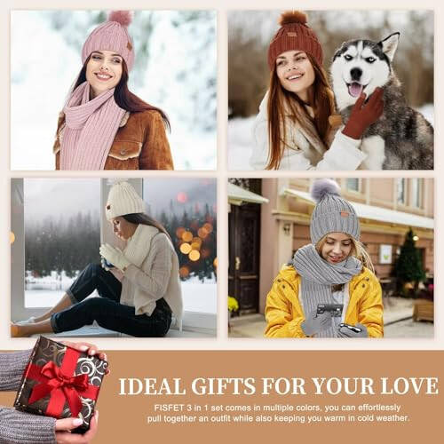 Winter Beanie Hat Scarf Gloves Set for Women, Women's Beanie with Pom Pom Long Scarf Neck Warmer Touchscreen Gloves 3 in 1 Set - 6