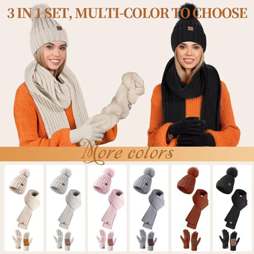 Winter Beanie Hat Scarf Gloves Set for Women, Women's Beanie with Pom Pom Long Scarf Neck Warmer Touchscreen Gloves 3 in 1 Set - 7