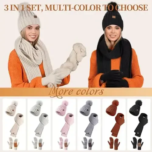 Winter Beanie Hat Scarf Gloves Set for Women, Womens Beanie with Pom Pom Long Scarf Neck Warmer Touchscreen Gloves 3 in 1 Set - 5