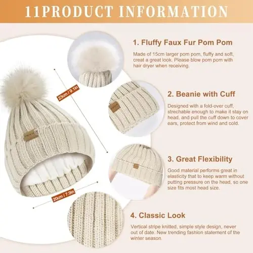 Winter Beanie Hat Scarf Gloves Set for Women, Womens Beanie with Pom Pom Long Scarf Neck Warmer Touchscreen Gloves 3 in 1 Set - WINTER (1)