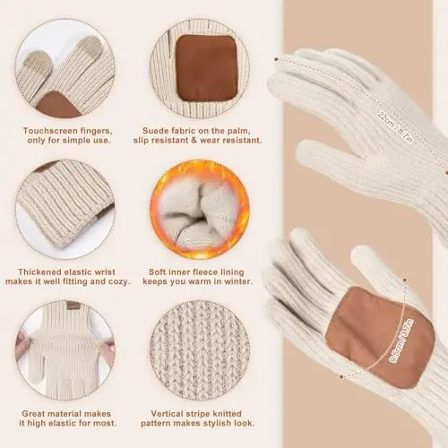 Winter Beanie Hat Scarf Gloves Set for Women, Womens Beanie with Pom Pom Long Scarf Neck Warmer Touchscreen Gloves 3 in 1 Set - 3