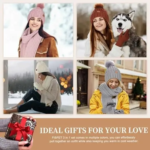 Winter Beanie Hat Scarf Gloves Set for Women, Womens Beanie with Pom Pom Long Scarf Neck Warmer Touchscreen Gloves 3 in 1 Set - 5