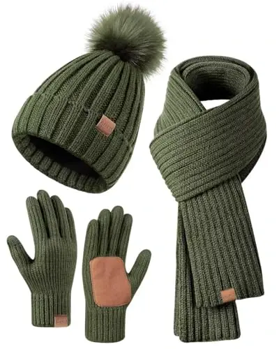 Winter Beanie Hat Scarf Gloves Set for Women, Womens Beanie with Pom Pom Long Scarf Neck Warmer Touchscreen Gloves 3 in 1 Set 