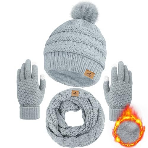 Winter Beanie Hat Scarf Gloves Set, Soft Warm Knit Hat Warm Touchscreen Gloves Neck Warmer Thick Knitted Scarves for Women - 7