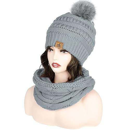 Winter Beanie Hat Scarf Gloves Set, Soft Warm Knit Hat Warm Touchscreen Gloves Neck Warmer Thick Knitted Scarves for Women - 8