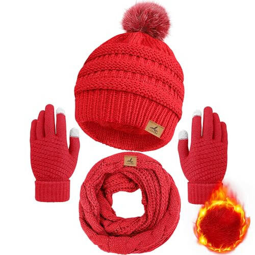 Winter Beanie Hat Scarf Gloves Set, Soft Warm Knit Hat Warm Touchscreen Gloves Neck Warmer Thick Knitted Scarves for Women - 1