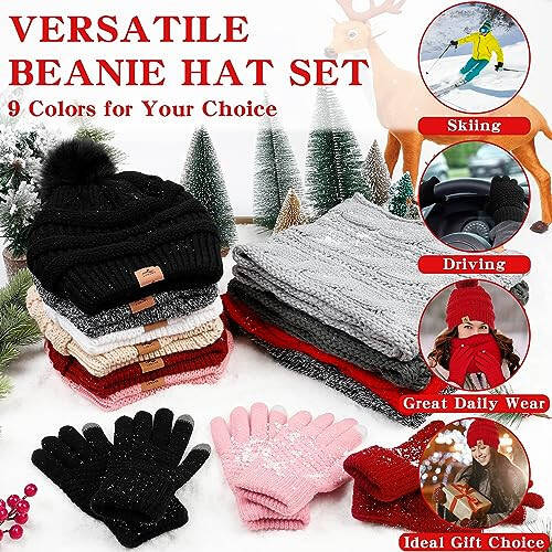 Winter Beanie Hat Scarf Gloves Set, Soft Warm Knit Hat Warm Touchscreen Gloves Neck Warmer Thick Knitted Scarves for Women - 6