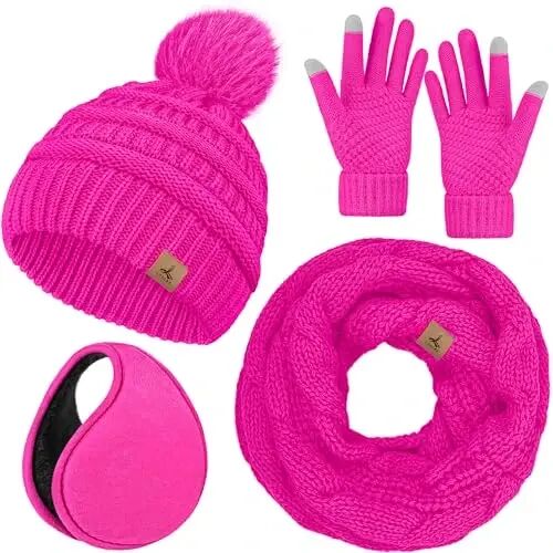 Winter Beanie Hat Scarf Gloves Set with Ear Muff Warmer for Women | Winter Gift Sets for Women, One Size fits All, Touch Screen Gloves, Double Brim Winter Wear Accessories for Adult - Winter