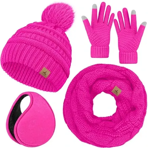 Winter Beanie Hat Scarf Gloves Set with Ear Muff Warmer for Women | Winter Gift Sets for Women, One Size fits All, Touch Screen Gloves, Double Brim Winter Wear Accessories for Adult - 1