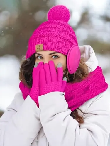 Winter Beanie Hat Scarf Gloves Set with Ear Muff Warmer for Women | Winter Gift Sets for Women, One Size fits All, Touch Screen Gloves, Double Brim Winter Wear Accessories for Adult - 6