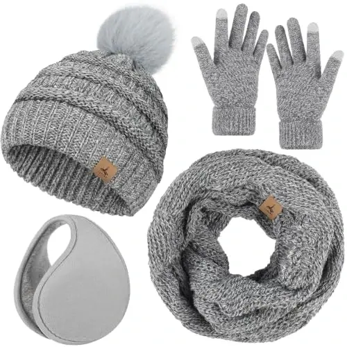 Winter Beanie Hat Scarf Gloves Set with Ear Muff Warmer for Women | Winter Gift Sets for Women, One Size fits All, Touch Screen Gloves, Double Brim Winter Wear Accessories for Adult - 1