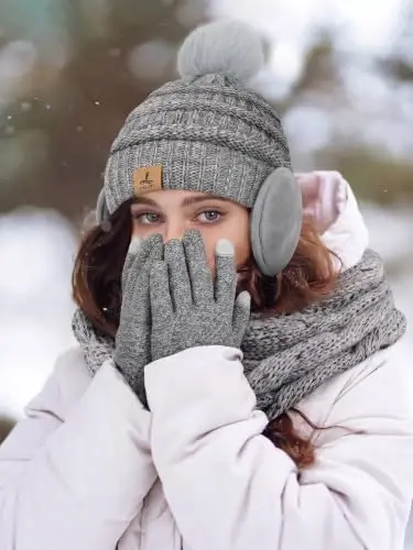 Winter Beanie Hat Scarf Gloves Set with Ear Muff Warmer for Women | Winter Gift Sets for Women, One Size fits All, Touch Screen Gloves, Double Brim Winter Wear Accessories for Adult - 6