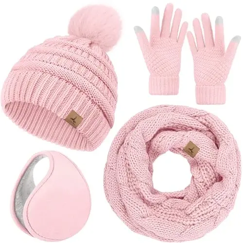 Winter Beanie Hat Scarf Gloves Set with Ear Muff Warmer for Women | Winter Gift Sets for Women, One Size fits All, Touch Screen Gloves, Double Brim Winter Wear Accessories for Adult - 1