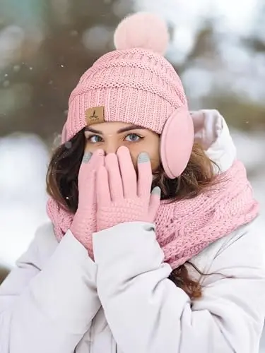 Winter Beanie Hat Scarf Gloves Set with Ear Muff Warmer for Women | Winter Gift Sets for Women, One Size fits All, Touch Screen Gloves, Double Brim Winter Wear Accessories for Adult - 6