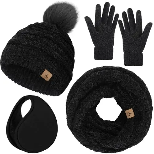 Winter Beanie Hat Scarf Gloves Set with Ear Muff Warmer for Women | Winter Gift Sets for Women, One Size fits All, Touch Screen Gloves, Double Brim Winter Wear Accessories for Adult - 1