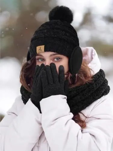 Winter Beanie Hat Scarf Gloves Set with Ear Muff Warmer for Women | Winter Gift Sets for Women, One Size fits All, Touch Screen Gloves, Double Brim Winter Wear Accessories for Adult - 6