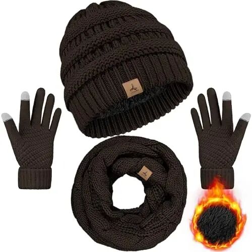 Winter Beanie Hat Scarf Gloves, Unisex Warm Fleece Knit Neck Scarf Set Gift | Hats Gloves Scarf Set, Touchscreen Gloves, Universal Size Neck Scarf Set Winter Gifts for Unisex Adult Winter Wear - Winter