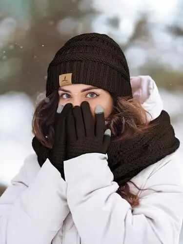 Winter Beanie Hat Scarf Gloves, Unisex Warm Fleece Knit Neck Scarf Set Gift | Hats Gloves Scarf Set, Touchscreen Gloves, Universal Size Neck Scarf Set Winter Gifts for Unisex Adult Winter Wear - 6