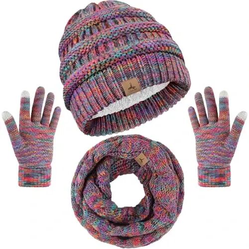 Winter Beanie Hat Scarf Gloves, Unisex Warm Fleece Knit Neck Scarf Set Gift | Hats Gloves Scarf Set, Touchscreen Gloves, Universal Size Neck Scarf Set Winter Gifts for Unisex Adult Winter Wear - 1