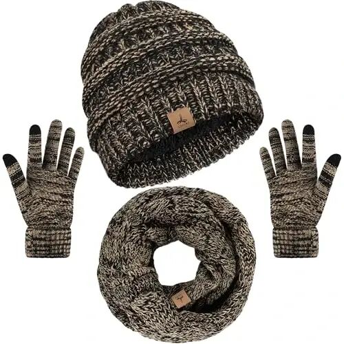 Winter Beanie Hat Scarf Gloves, Unisex Warm Fleece Knit Neck Scarf Set Gift | Hats Gloves Scarf Set, Touchscreen Gloves, Universal Size Neck Scarf Set Winter Gifts for Unisex Adult Winter Wear - Winter