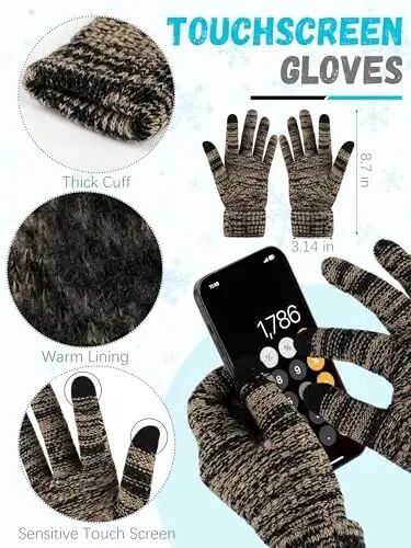 Winter Beanie Hat Scarf Gloves, Unisex Warm Fleece Knit Neck Scarf Set Gift | Hats Gloves Scarf Set, Touchscreen Gloves, Universal Size Neck Scarf Set Winter Gifts for Unisex Adult Winter Wear - 3