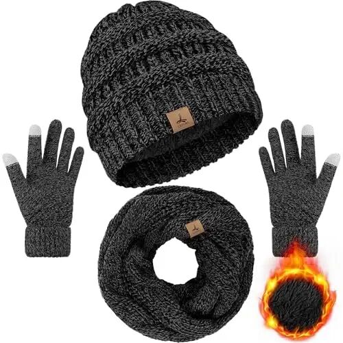 Winter Beanie Hat Scarf Gloves, Unisex Warm Fleece Knit Neck Scarf Set Gift | Hats Gloves Scarf Set, Touchscreen Gloves, Universal Size Neck Scarf Set Winter Gifts for Unisex Adult Winter Wear - Winter