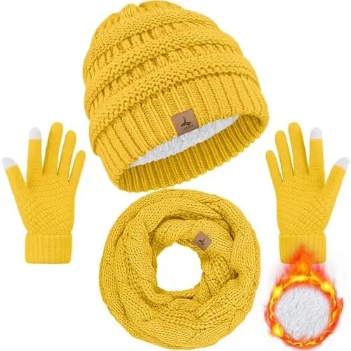 Winter Beanie Hat Scarf Gloves, Unisex Warm Fleece Knit Neck Scarf Set Gift | Hats Gloves Scarf Set, Touchscreen Gloves, Universal Size Neck Scarf Set Winter Gifts for Unisex Adult Winter Wear - 1