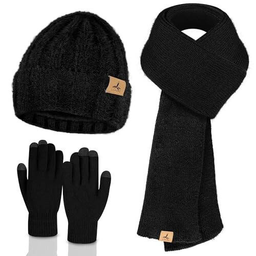 Winter Beanie Hat Scarf Gloves, Warm Fleece Knit Hat Long Scarf Neck Warmer Touch Screen Winter Gloves Set Gifts for Women - 1