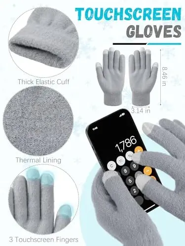 Winter Beanie Hat Scarf Gloves, Warm Fleece Knit Hat Long Scarf Neck Warmer Touch Screen Winter Gloves Set Gifts for Women - 4