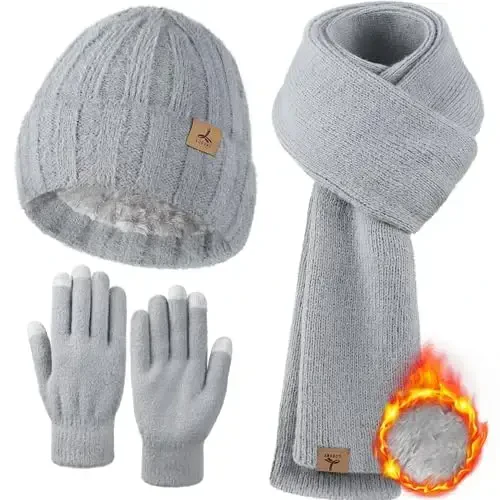 Winter Beanie Hat Scarf Gloves, Warm Fleece Knit Hat Long Scarf Neck Warmer Touch Screen Winter Gloves Set Gifts for Women - 1