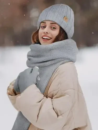 Winter Beanie Hat Scarf Gloves, Warm Fleece Knit Hat Long Scarf Neck Warmer Touch Screen Winter Gloves Set Gifts for Women - 6