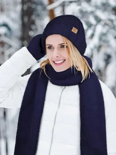 Winter Beanie Hat Scarf Gloves, Warm Fleece Knit Hat Long Scarf Neck Warmer Touch Screen Winter Gloves Set Gifts for Women - 5