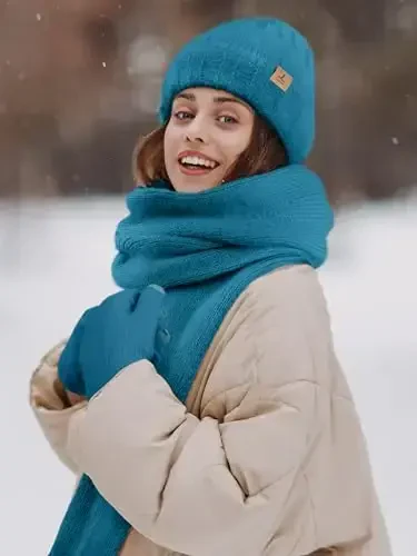 Winter Beanie Hat Scarf Gloves, Warm Fleece Knit Hat Long Scarf Neck Warmer Touch Screen Winter Gloves Set Gifts for Women - 6