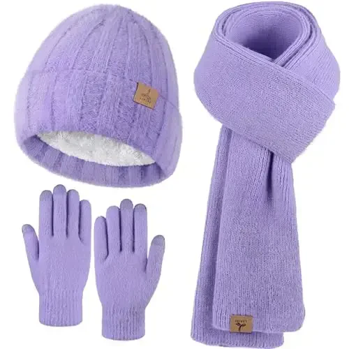 Winter Beanie Hat Scarf Gloves, Warm Fleece Knit Hat Long Scarf Neck Warmer Touch Screen Winter Gloves Set Gifts for Women - 1