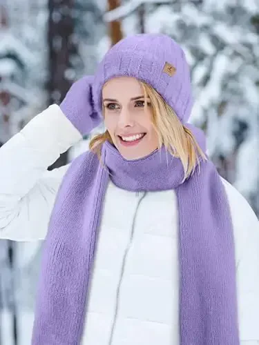 Winter Beanie Hat Scarf Gloves, Warm Fleece Knit Hat Long Scarf Neck Warmer Touch Screen Winter Gloves Set Gifts for Women - 5