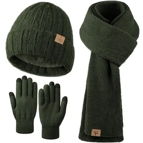 Winter Beanie Hat Scarf Gloves, Warm Fleece Knit Hat Long Scarf Neck Warmer Touch Screen Winter Gloves Set Gifts for Women 