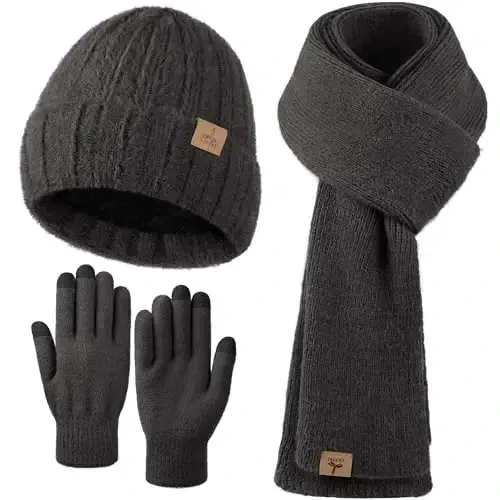 Winter Beanie Hat Scarf Gloves, Warm Fleece Knit Hat Long Scarf Neck Warmer Touch Screen Winter Gloves Set Gifts for Women 