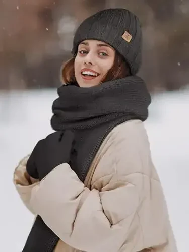 Winter Beanie Hat Scarf Gloves, Warm Fleece Knit Hat Long Scarf Neck Warmer Touch Screen Winter Gloves Set Gifts for Women - 6