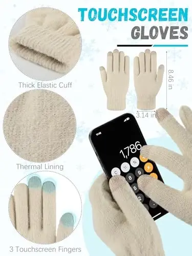 Winter Beanie Hat Scarf Gloves, Warm Fleece Knit Hat Long Scarf Neck Warmer Touch Screen Winter Gloves Set Gifts for Women - 4