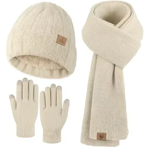 Winter Beanie Hat Scarf Gloves, Warm Fleece Knit Hat Long Scarf Neck Warmer Touch Screen Winter Gloves Set Gifts for Women - 1